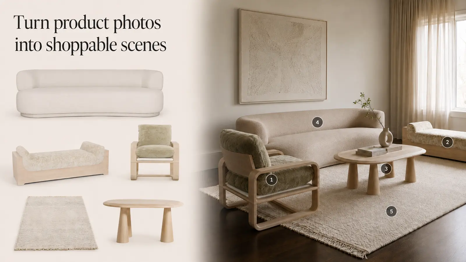 A living room scene with five numbered product pins and the original product references beside it