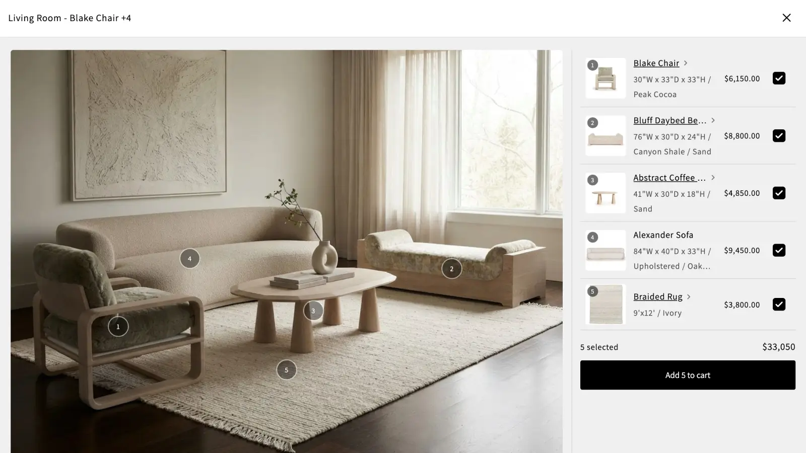 ScenePose storefront room with product rail, prices, and Add to cart button